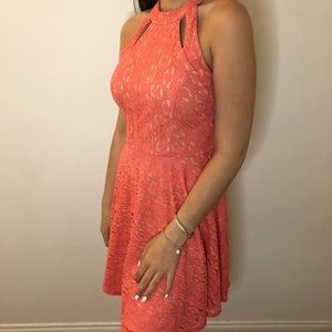 High Neck Halter Pink Lace Skater Dress